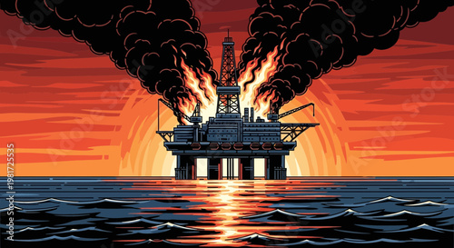 Oil Rig Fire Disaster at Sunset