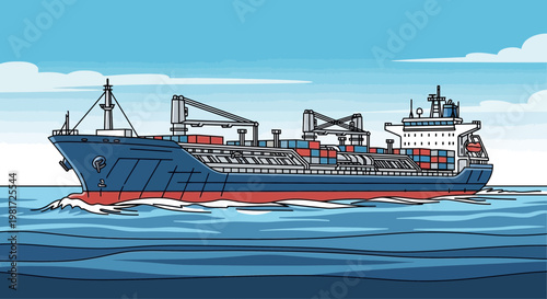Cargo Ship Sailing on Ocean Waves, Container Transport, Blue Sky