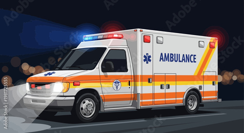 Ambulance Emergency Vehicle with Flashing Lights at Night, Medical Transport