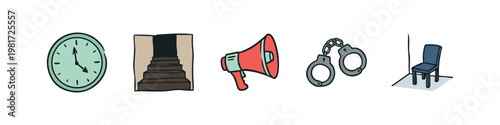 Authority and isolation conceptual icons with handcuffs, megaphone and stairs