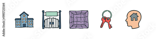 Social and residential icons with school building, security gate and home concept