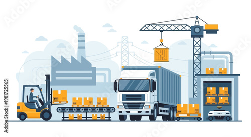 Logistics warehouse with forklift, truck, crane, conveyor belt and delivery robot