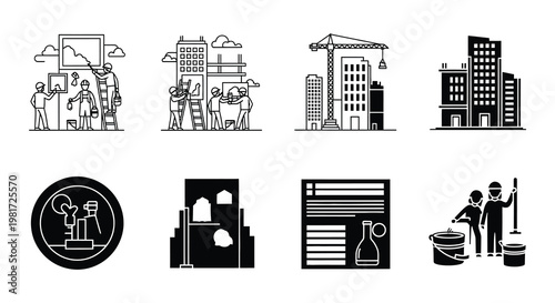 Construction workers collaborate on architectural designs and building projects