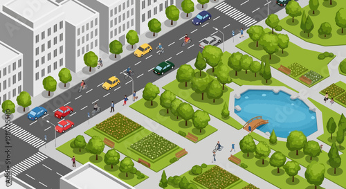 Isometric City Park with Traffic, Pedestrians, and Green Spaces
