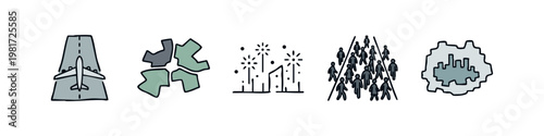 Travel and urban event icons featuring airport runway, fireworks and crowd