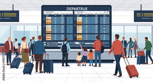 Travelers check flight departures at airport information board, family vacation