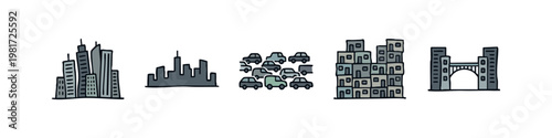Urban landscape icon collection featuring city skyline, traffic and shanty town