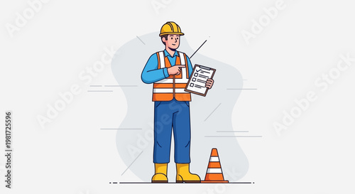 Construction worker with checklist and safety cone, pointing and instructing.