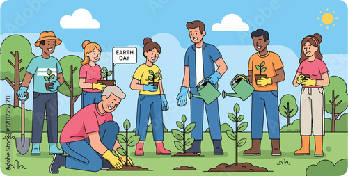 A diverse group of people celebrating Earth Day by planting trees and caring for the environment in a community park.