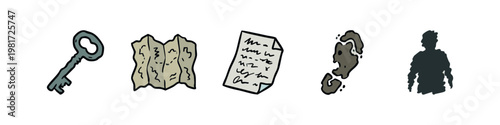 Adventure Quest and Mystery Icons Set Treasure Map and Key Doodles