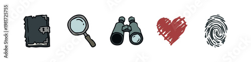 Detective and Mystery Icons Set Grimoire Magnifying Glass and Binoculars