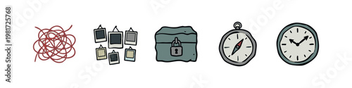 Mystery and Adventure Concept Icons Set Time Travel and Treasure Doodles