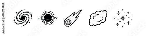 Rough Black Ink Sketch Icons Set of Space Cosmos and Astronomy