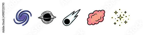 Colorful Hand Drawn Space Icons Set Galaxy Comet and Nebula Doodles