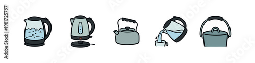 Tea and Coffee Kettles Hand Drawn Icons Set Colorful Kitchen Doodles