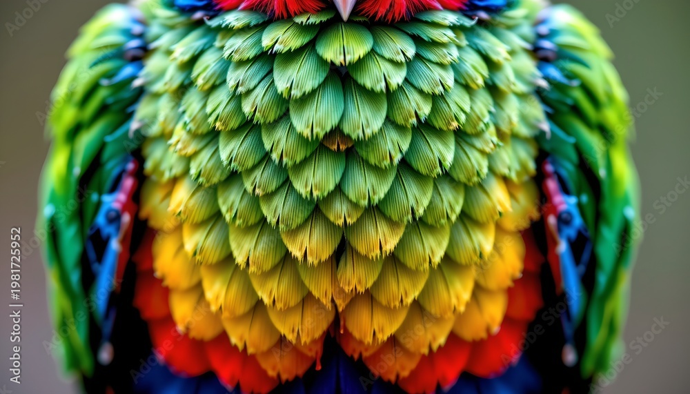 Obraz premium The image showcases a close up of a colorful bird's vibrant plumage, with feathers arranged in a layered pattern that transitions through a spectrum of colors including green, yellow, orange, red