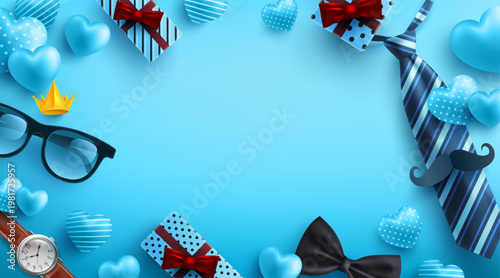Father's Day blue background with flatlay of Glasses,Necktie,Watch and Gifts for dad. Greetings and presents for Father's Day.Promotion and shopping template for love dad concept