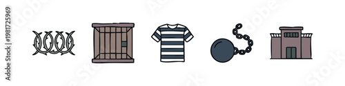 Captivity and Incarceration Icons with Barbed Wire Prisoner Uniform and Ball and Chain