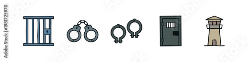 Prison and Justice System Icon Set with Handcuffs Jail Bars and Guard Tower