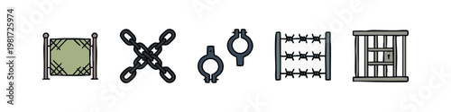 Security Barriers and Enclosure Icons Featuring Fence Chains and Barbed Wire
