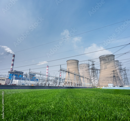 Wallpaper Mural Coal-Fired Power Plant with Cooling Towers, Substation, and Wheat Field Under Blue Sky Torontodigital.ca