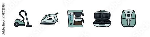 Small Home Appliances Icon Set Including Vacuum Iron Coffee Maker and Air Fryer