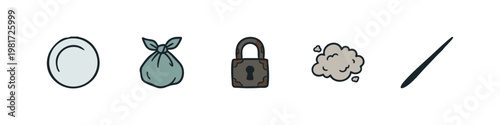 Social Issues and Scarcity Icons Featuring Empty Plate Rusty Lock and Dust Cloud