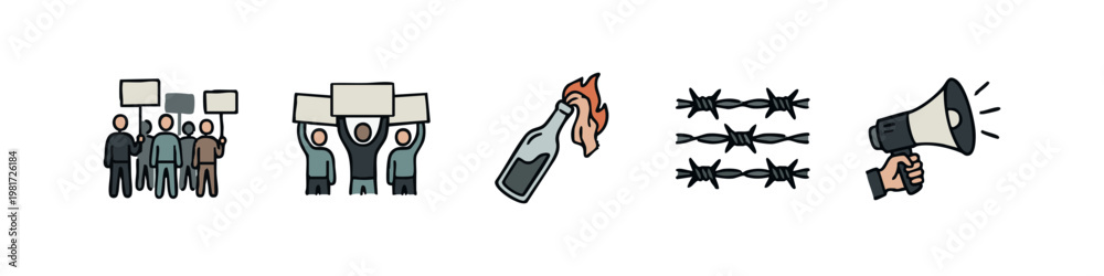 Fototapeta premium Demonstration and Resistance Icons featuring Molotov Cocktail and Barbed Wire
