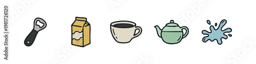 Hand Drawn Beverage Related Icons Including Bottle Opener Teapot and Milk Carton
