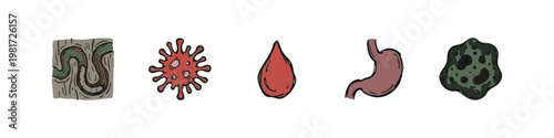 Hand Drawn Medical and Biology Icons with Virus Stomach Blood Drop and Mold