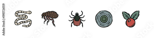 Hand Drawn Biological Icons Set with Worm Flea Tick and Superfood Berry