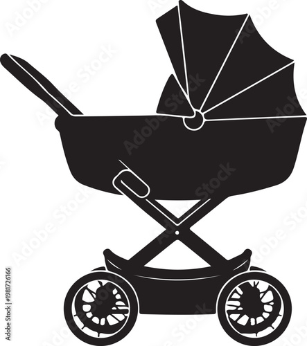 Baby Stroller Silhouette, Infant Care Black Vector Isolated on White Background