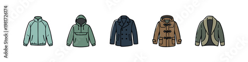 Set of Hand Drawn Men's Outerwear Icons with Duffle Coat Pea Coat and Windbreaker