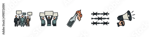 Demonstration and Resistance Icons featuring Molotov Cocktail and Barbed Wire
