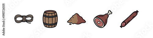 Farm and butchery related items doodle icons.