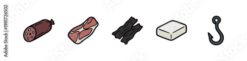 Butchery and food items doodle icons set.