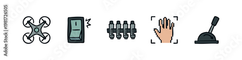 Drone, switch, hand scanner, and joystick doodle icons.