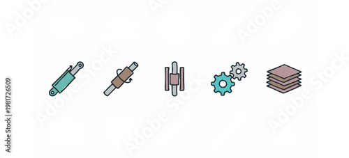 Hand drawn mechanical elements and layered material icons.