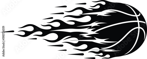 Black and White Graphic Vector Illustration of a Basketball in Motion with Fast Racing Fire Flames Isolated on a White Background