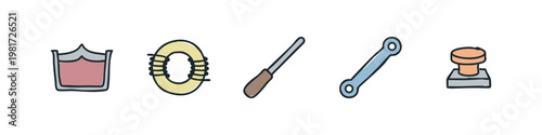 Doodle icons of various tools and engineering parts.