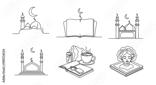 Ramadan illustrations depict iftar meals mosques and community gatherings