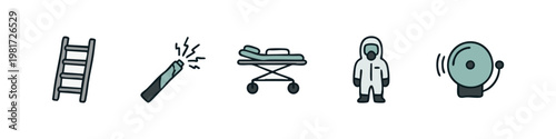 First Responder Icons Set featuring Ladder Flashlight Hospital Gurney Hazmat Suit and Alarm Bell