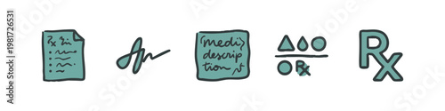 Sketchy Colored Prescription Icons including Rx Form Medical Signature and Dosage Details