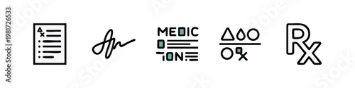 Bold Medical Prescription Icons featuring Rx List Medication Instructions and Pharmacy Symbols