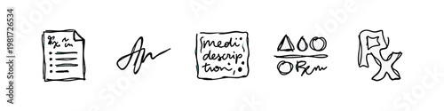 Hand Drawn Prescription Icons Set with Rx Symbol Medical Signature and Medication Description