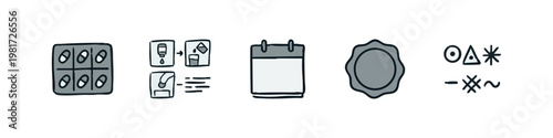Pharmaceutical Icons Set including Pill Blister Pack Medication Instructions and Pharmacy Calendar