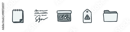 Healthcare Documentation Icons featuring Notepad Medical Signature Pill Box and Warning Tag