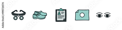 Ophthalmology and Medical Exam Icons including Loupes Clogs Patient Chart and Eye Exam