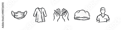 Surgical Preparation Hand Drawn Icons Set with Mask Gown Scrubbing Hands and Surgeon