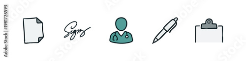 Medical Administration Icons Set with Doctor Profile Signature Pen and Clipboard Record